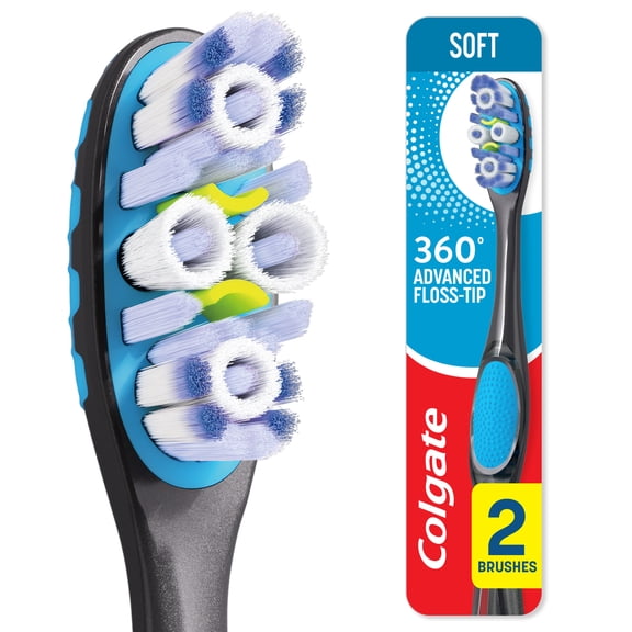 Colgate 360 Floss-Tip Toothbrush Pack, Soft Adult Toothbrushes, 2 Pack