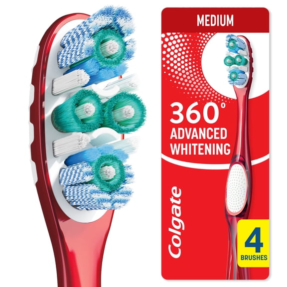 Colgate 360 Advanced Whitening Toothbrush Pack, Medium Adult Toothbrushes, 4 Pack