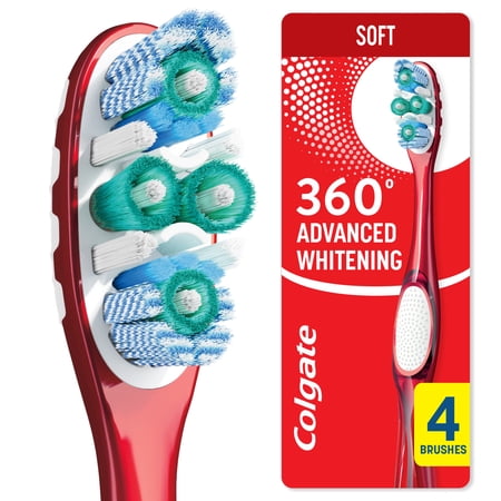 Colgate 360 Advanced Whitening Toothbrush Pack, Soft Adult Toothbrushes, 4 Pack
