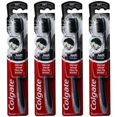 Colgate 360 Charcoal Infused Toothbrush, Floss-Tip Bristles, Soft (Colors Vary) - Pack of 4