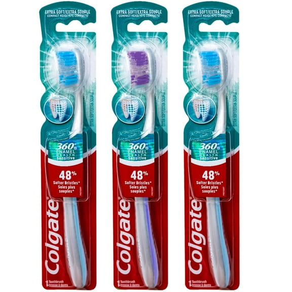 Colgate 360 Enamel Health Sensitive Toothbrush, Compact Head, Extra Soft (Colors Vary) - Pack of 3