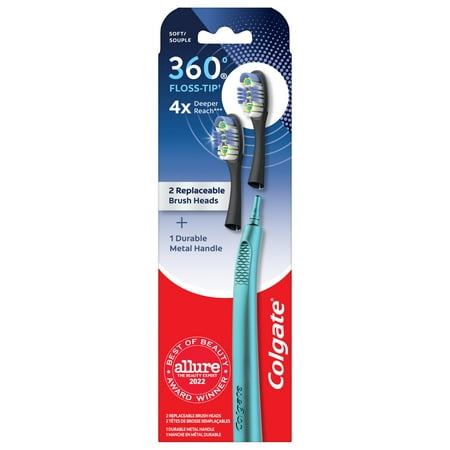 Colgate 360 Floss-Tip Replaceable Head Adult Soft Toothbrush Kit, 2 Brush Heads and Metal Handle