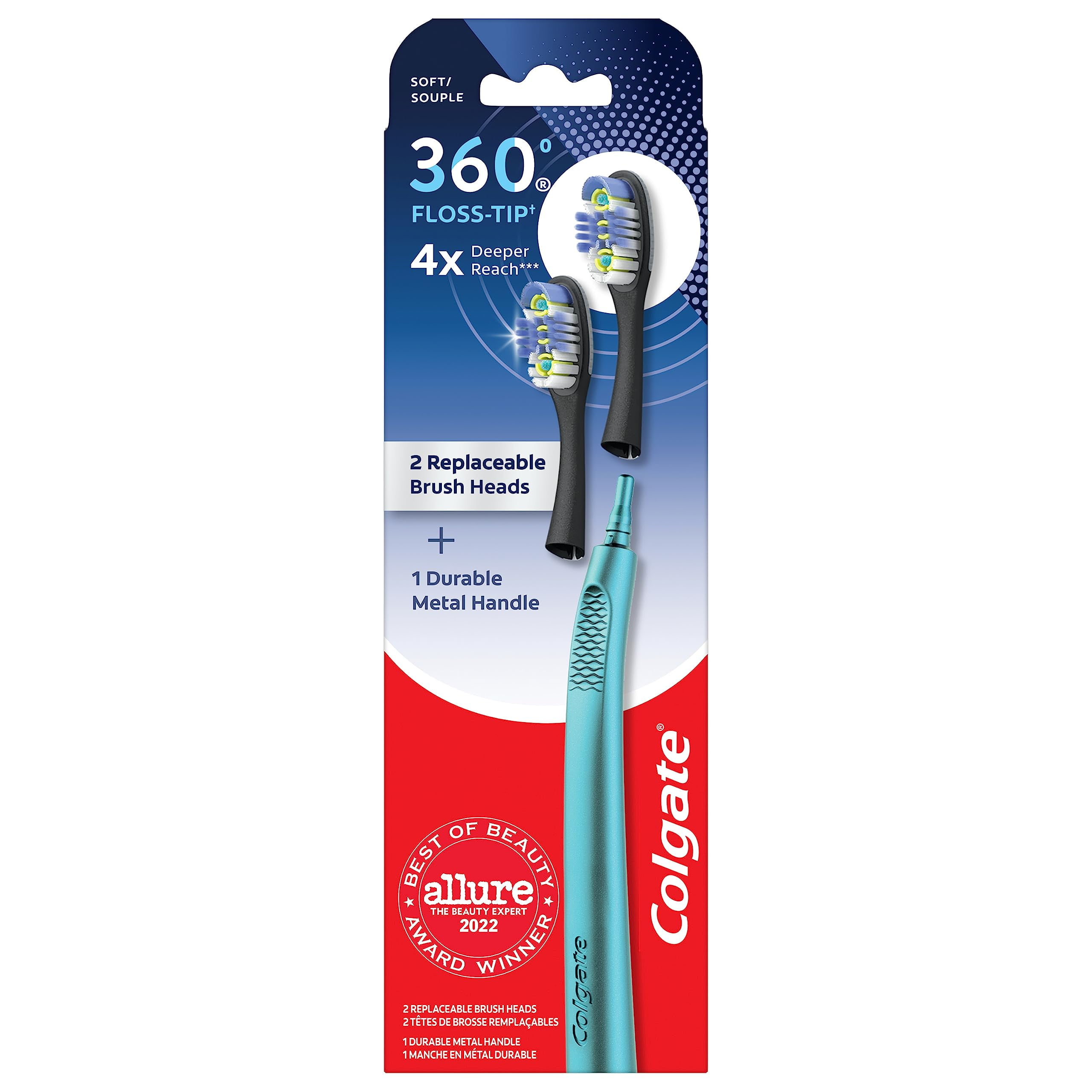 Colgate 360 Floss Tip Replaceable Head Toothbrush Starter Kit, 2 Brush Heads And Metal Handle