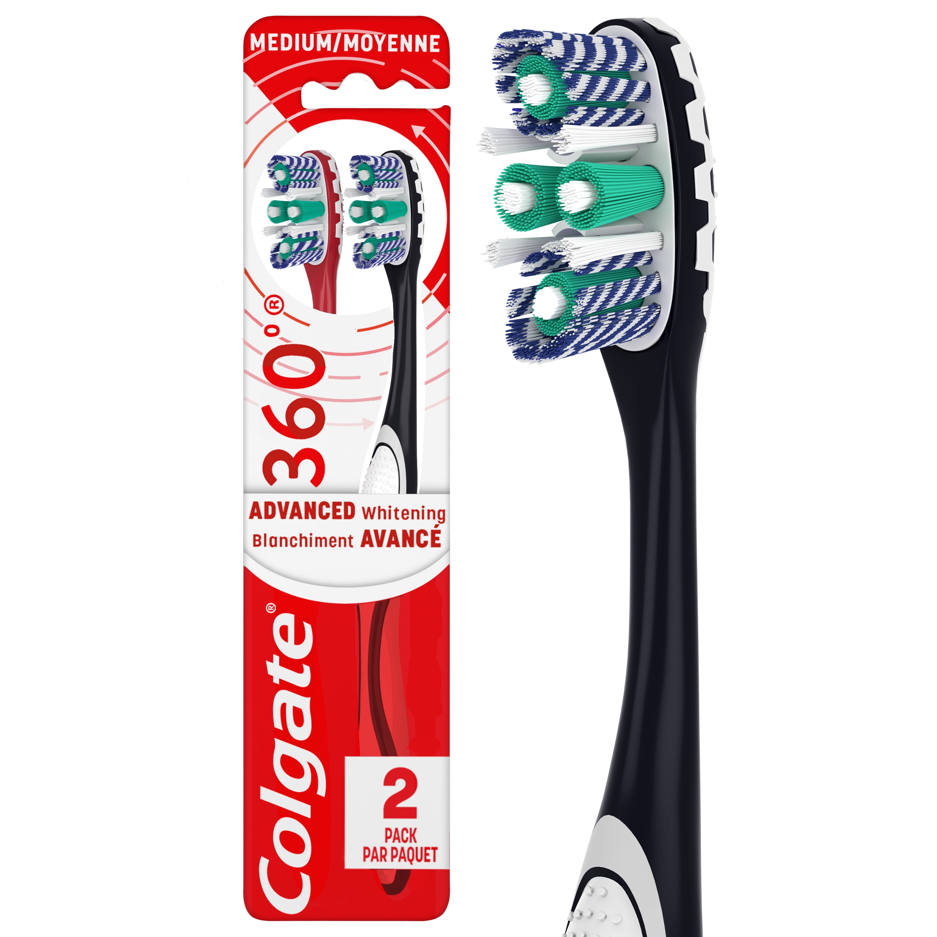 Colgate Optic White Toothbrush, 360 Degrees Advanced, Medium, Value Pack - 2 toothbrushes