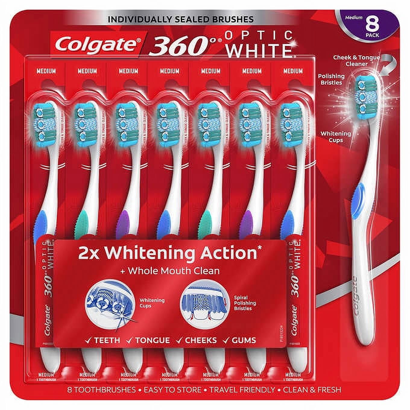 Colgate 360 Optic White Toothbrush, Medium 8pack