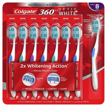 Colgate 360 Optic White Toothbrush, Medium 8-pack