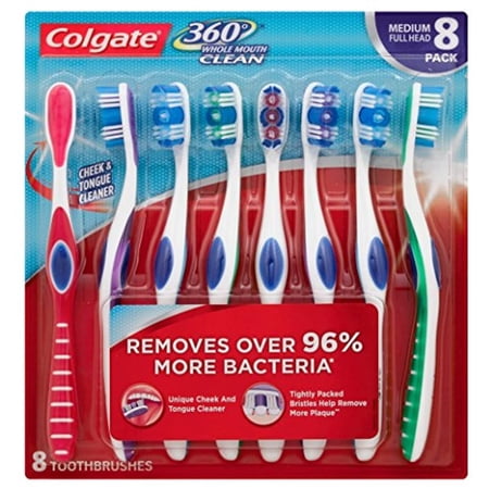 Colgate 360 Toothbrush With Tongue And Cheek Cleaner - Medium (8 Pack)