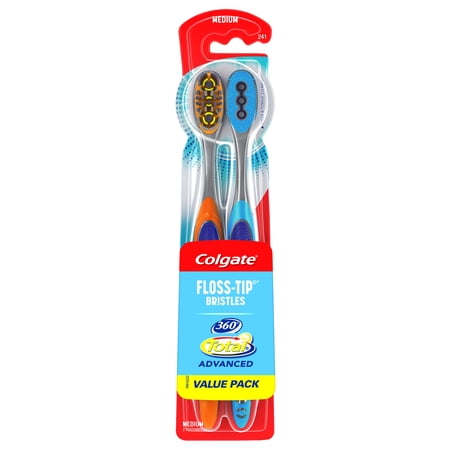 Colgate 360 Total Advanced Floss-Tip Manual Toothbrush, Medium, 2 Ct