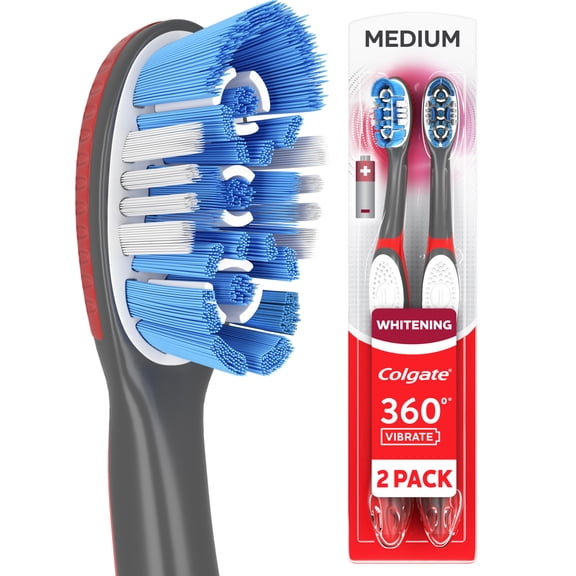 Colgate 360 Vibrate Whitening Battery Powered Electric Toothbrush, Medium, 2 Pack