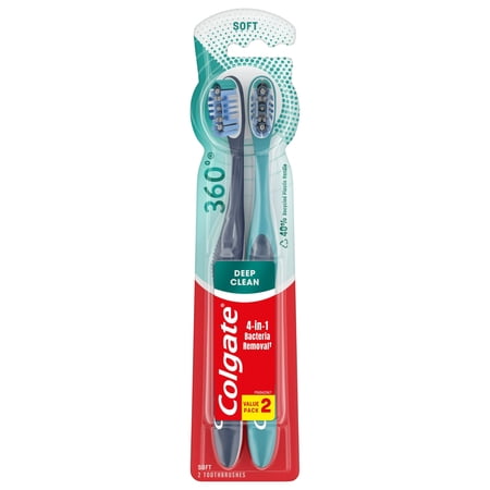 Colgate 360 Whole Mouth Clean Adult Toothbrush Value Pack, Soft, 2 Ea