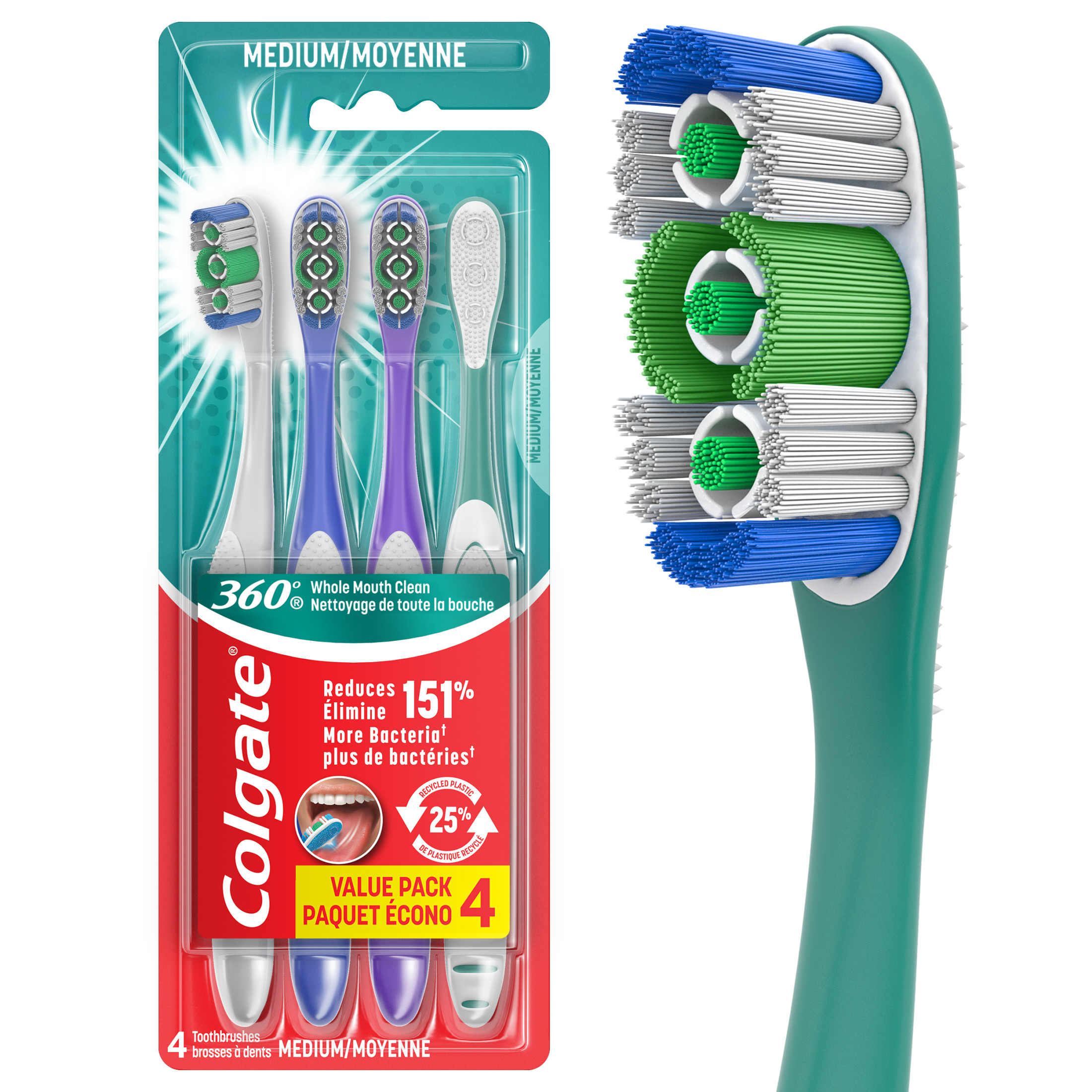 Colgate 360 Whole Mouth Clean Medium Toothbrush, Adult Toothbrush, 4 Pack - image 1 of 14