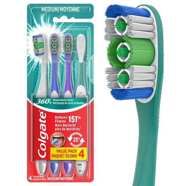 Colgate 360 Whole Mouth Clean Medium Toothbrush, Adult Toothbrush, 4 Pack