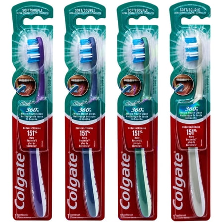 Colgate 360 Whole Mouth Clean Toothbrush, Compact Head, Soft (Colors Vary) - Pack of 4