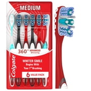 Colgate 360 Advanced Whitening Medium Toothbrushes, Manual Toothbrush Pack, 6 Count