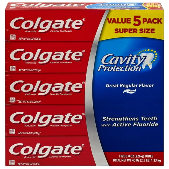 Colgate Cavity AF08 Protection Regular Flavor Fluoride Toothpaste 8 Ounce Tube 5 Tubes