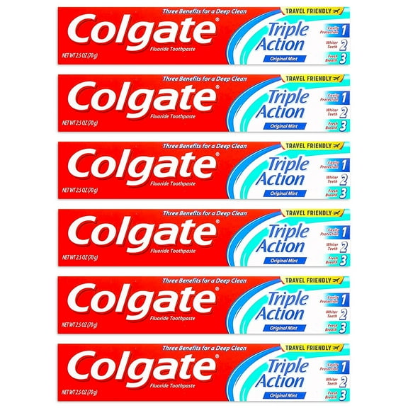 Colgate Anticavity, Original Mint, Triple Action Gel Toothpaste, 6 Pack - 2.5 Oz Each