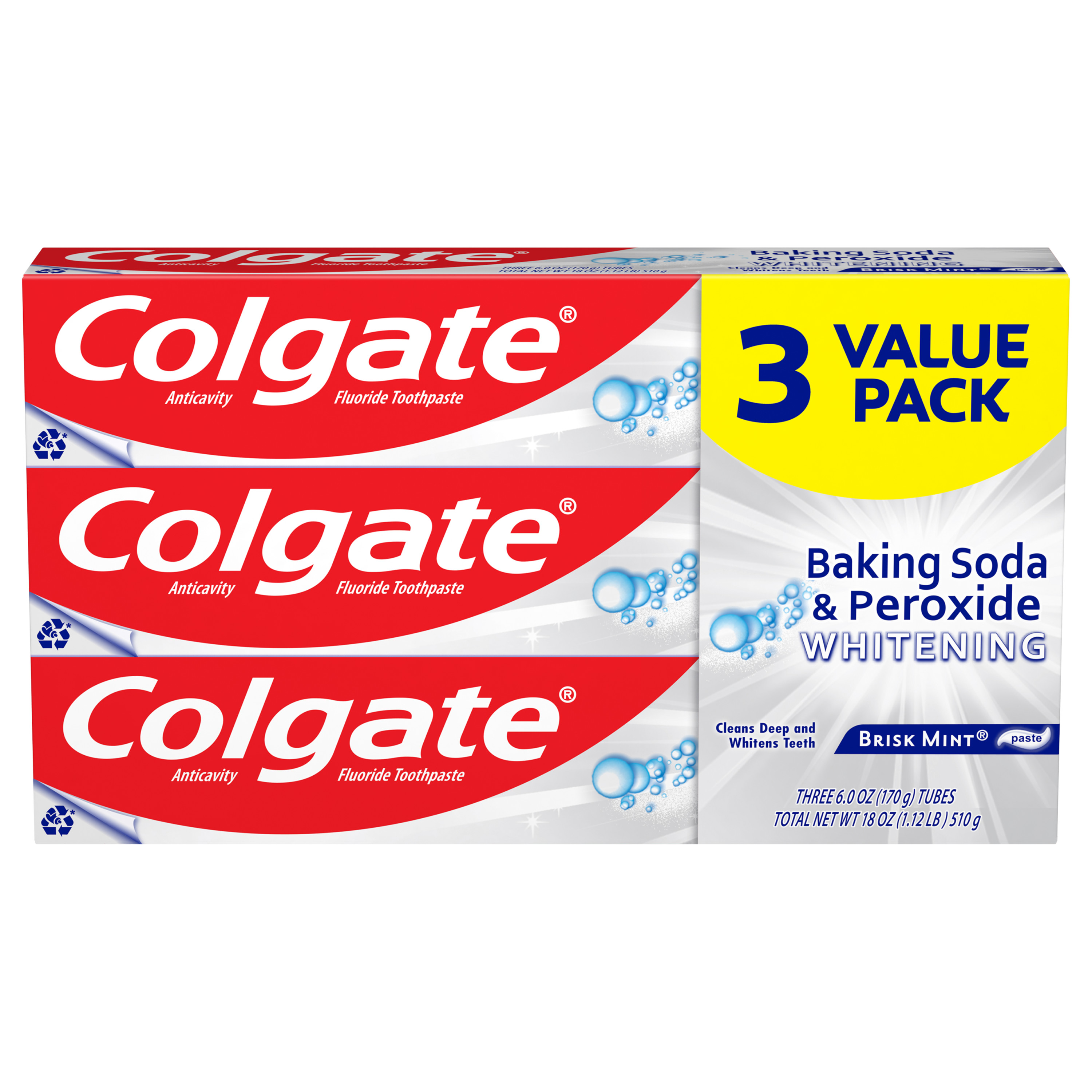 Colgate Baking Soda and Peroxide Whitening Toothpaste, Brisk Mint, 3 Pack - image 1 of 5