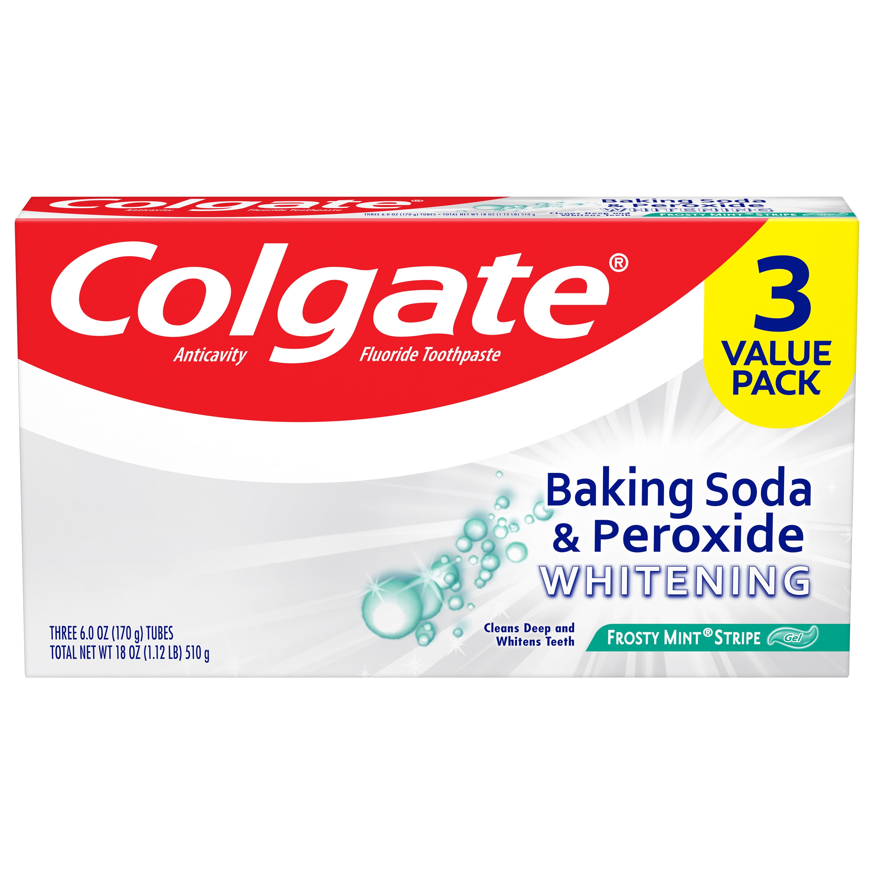 Colgate Baking Soda and Peroxide Whitening Toothpaste, Frosty Mint Stripe, 6 oz, 3 Pack