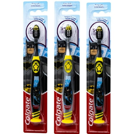 Colgate Batman Toothbrush for Children with Suction Cup, Kids 5+ Years Old, Extra Soft (Colors Vary) - Pack of 3