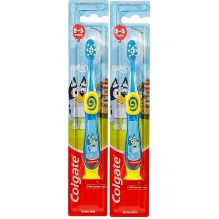 Colgate Bluey Toothbrush for Children with Suction Cup, Kids 2-5 Years Old, Extra Soft (Colors & Characters Vary) - 2 Count