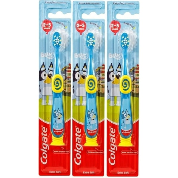 Colgate Bluey Toothbrush for Children with Suction Cup, Kids 2-5 Years Old, Extra Soft (Colors & Characters Vary) - 3 Count