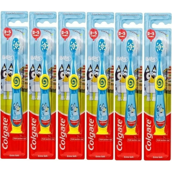 Colgate Bluey Toothbrush for Children with Suction Cup, Kids 2-5 Years Old, Extra Soft (Colors & Characters Vary) - 6 Count