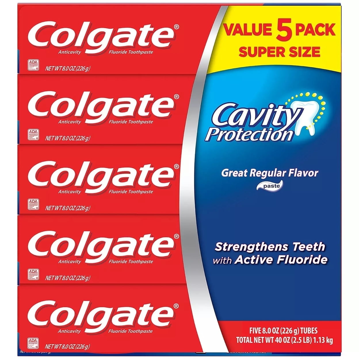 Colgate Cavity Protection Toothpaste with Fluoride, Regular Flavor, 8oz (5 Pack)
