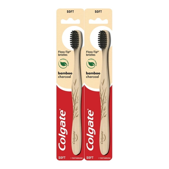 Colgate Charcoal Bamboo Toothbrush, Eco Friendly Natural Bamboo Handle, Soft ( 2 Count )