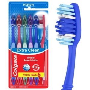 Colgate Extra Clean Toothbrush, Medium Bulk Toothbrush Pack, Adult Medium Bristle Toothbrushes with Ergonomic Handle and Circular Cleaning Bristles, Helps Remove Surface Stains, 6 Pack