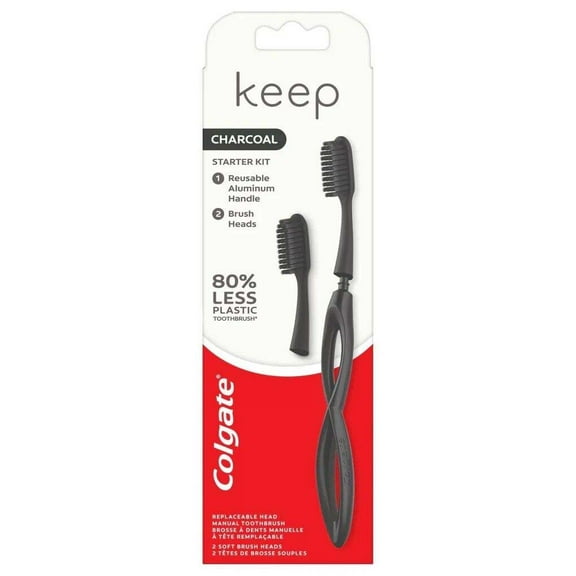 Colgate Keep Manual Toothbrush Charcoal Starter Kit 1 Aluminum Handle + 2 Replaceable Brush Heads