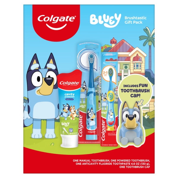 Colgate Kids Bluey Gift Set, Manual & Powered Toothbrush, Toothpaste, Toothbrush Cap, 4 Pack