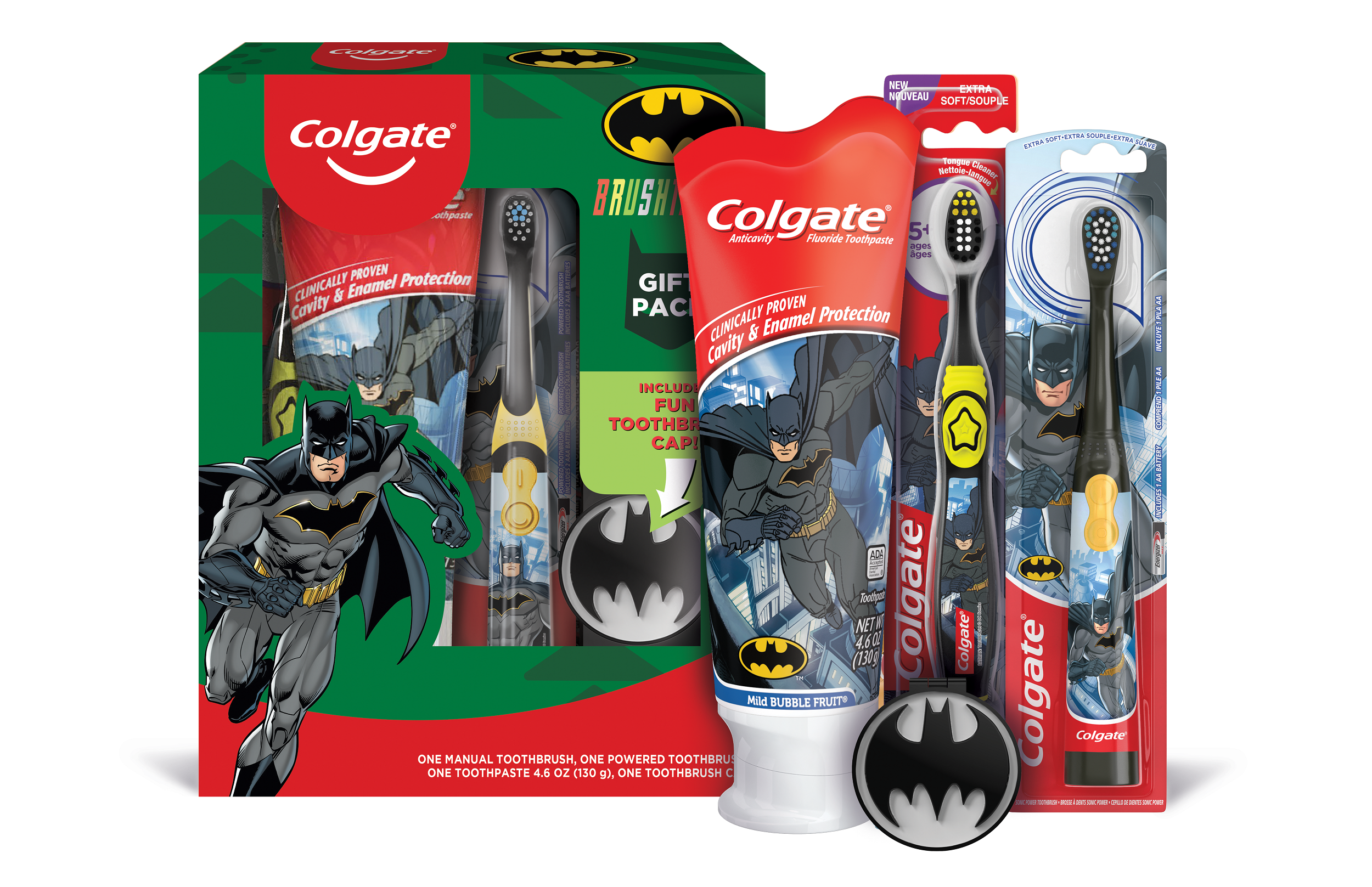 Colgate Kids Toothpaste, Manual and Battery Kids Toothbrushes with Toothbrush Cover Gift Set, Batman, 4 Pc - image 1 of 5