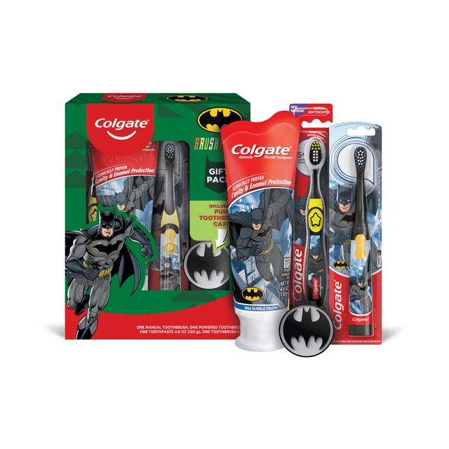 Colgate Kids Toothpaste, Manual and Battery Kids Toothbrushes with Toothbrush Cover Gift Set, Batman, 4 Pc