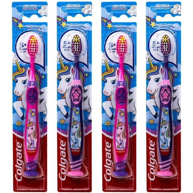 Colgate Kids Unicorn Toothbrush with Suction Cup for Children 5+ Years Old, Extra Soft (Colors Vary) - Pack of 4