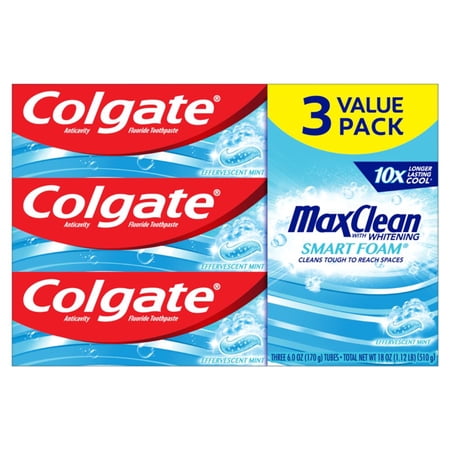 Colgate Max Clean Smart Foam with Whitening Toothpaste, Effervescent Mint Toothpaste, 6.0 Oz, 3 Pack