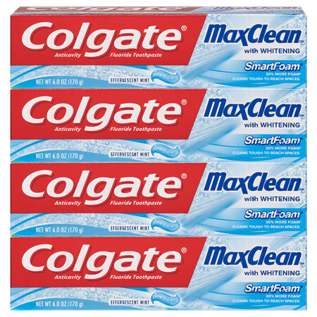 Colgate Max Clean with Whitening Foaming Toothpaste, Effervescent Mint - 6 Ounce (4 Count)