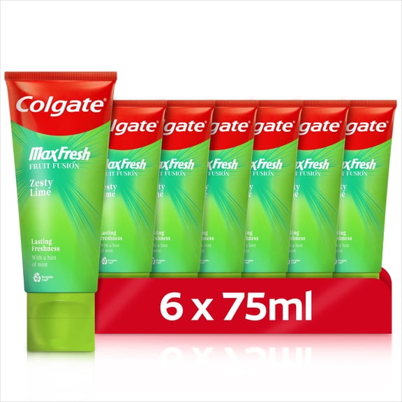 Colgate Max Fresh Fruit Fusion Zesty Lime Flavoured Toothpaste 75ml x 6 - Citrus Flavours with Refreshing Mint - with FreshFX Technology - Fluoride Protection - Fights Cavities - Protects Enamel