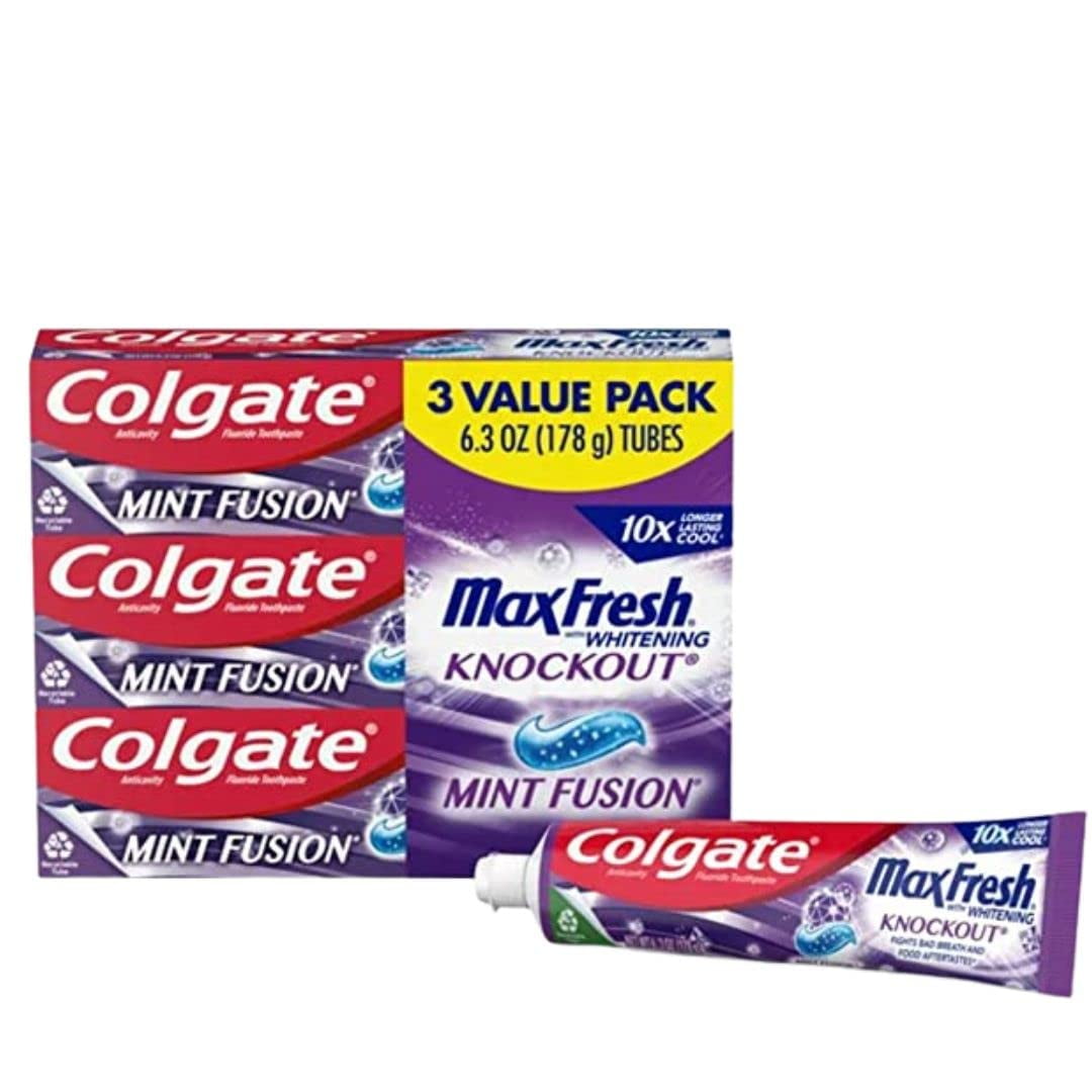 Colgate Max Fresh Knockout With Whitening Toothpaste With Mini Breath Strips, Mint Toothpaste For Bad Breath, 6.3 Oz Tube, 3 Pack.