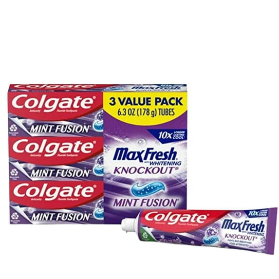 Colgate Max Fresh Knockout With Whitening Toothpaste With Mini Breath Strips, Mint Toothpaste For Bad Breath, 6.3 Oz Tube, 3 Pack.