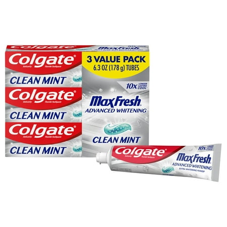 Colgate Max Fresh Toothpaste, Advanced Whitening Toothpaste with Mini Breath Strips, Clean Mint, 3 Pack, 6.3 Oz Tubes