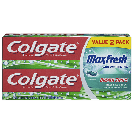 Colgate Max Fresh Toothpaste with Mini Breath Strips, Clean Mint - 6 Ounce (2 Pack)