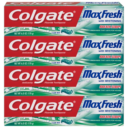 Colgate Max Fresh Toothpaste with Mini Breath Strips, Clean Mint - 6 ounce (4 Count)