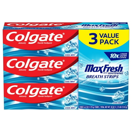 Colgate Max Fresh Toothpaste with Mini Breath Strips, Cool Mint - 6.0 Ounce (3 Pack)