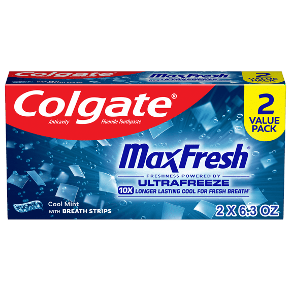 Colgate Max Fresh Toothpaste with Mini Breath Strips, Cool Mint, 6.3oz, 2 Pack