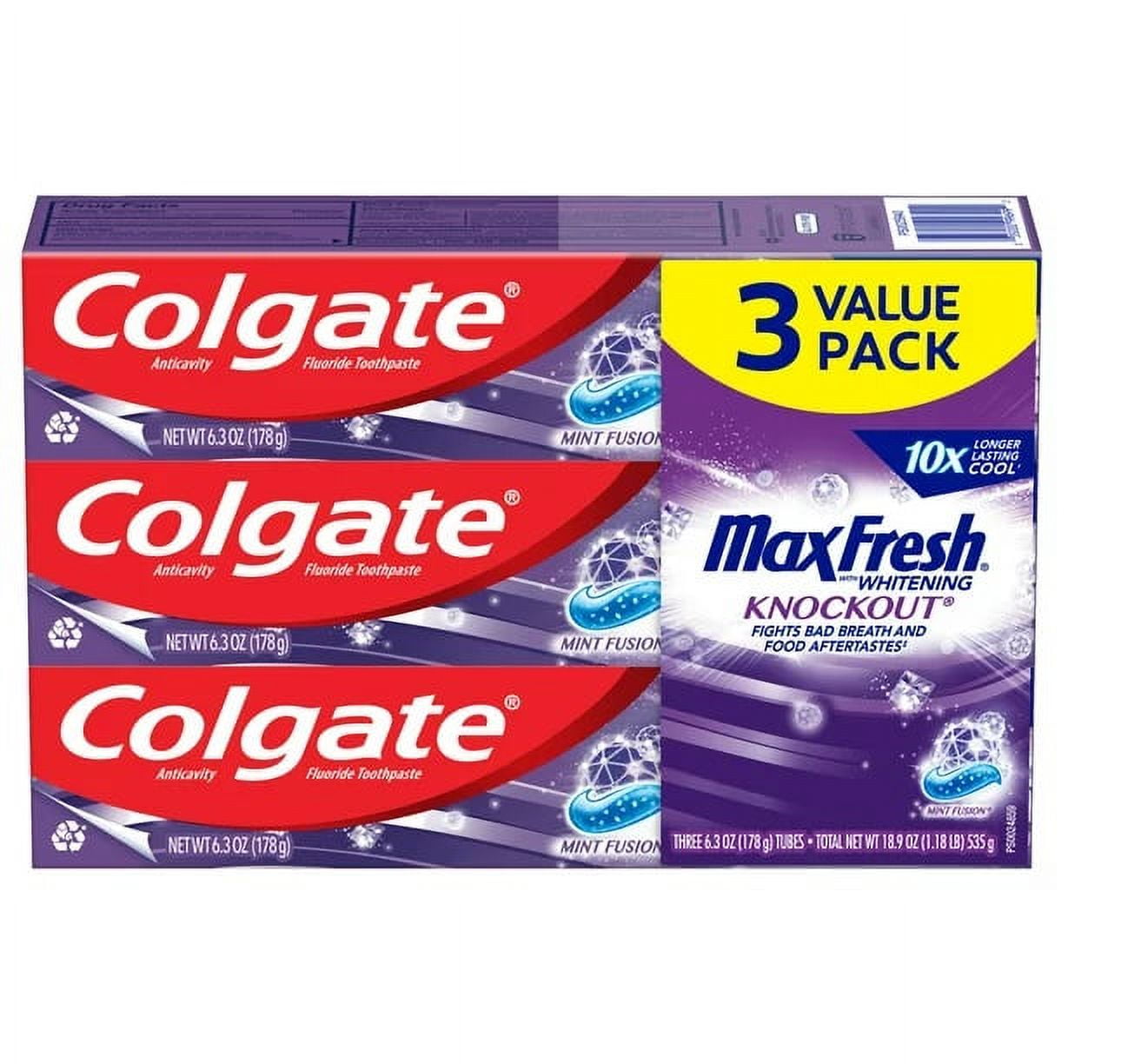 Colgate MaxFresh KnockOut Whitening Toothpaste with Mini Breath Strips, Mint Fusion, 6 Oz, 3 Ct - 2 Pack