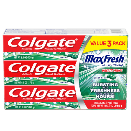 Colgate MaxFresh Whitening Toothpaste with Mini Breath Strips, Clean Mint, 6 Oz, 3 Ct