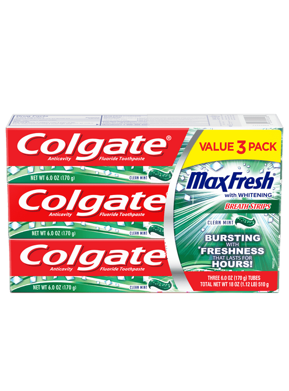 Colgate MaxFresh Whitening Toothpaste with Mini Breath Strips, Clean Mint, 6 Oz, 3 Ct
