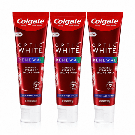 Colgate Optic White Renewal Teeth Whitening Toothpaste with Fluoride, 3% Hydrogen Peroxide, High Impact White, 4 oz, 3 Pack
