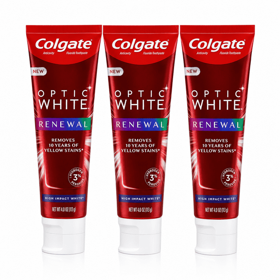 Colgate Optic White Renewal Teeth Whitening Toothpaste with Fluoride, 3% Hydrogen Peroxide, High Impact White, 4 oz, 3 Pack
