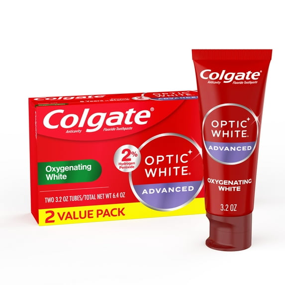 Colgate Optic White Advanced Hydrogen Peroxide Toothpaste, Oxygenating White, 2 Pack, 3.2 oz